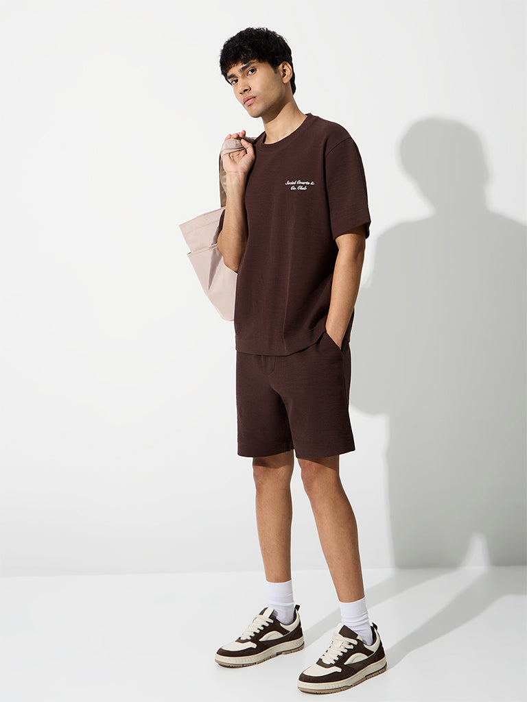Nuoflexx Dark Brown Ribbed Relaxed-Fit Cotton-Blend T-Shirt