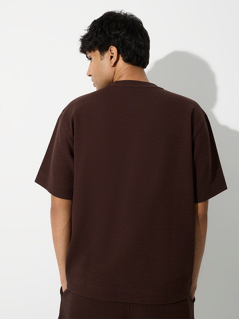 Nuoflexx Dark Brown Ribbed Relaxed-Fit Cotton-Blend T-Shirt