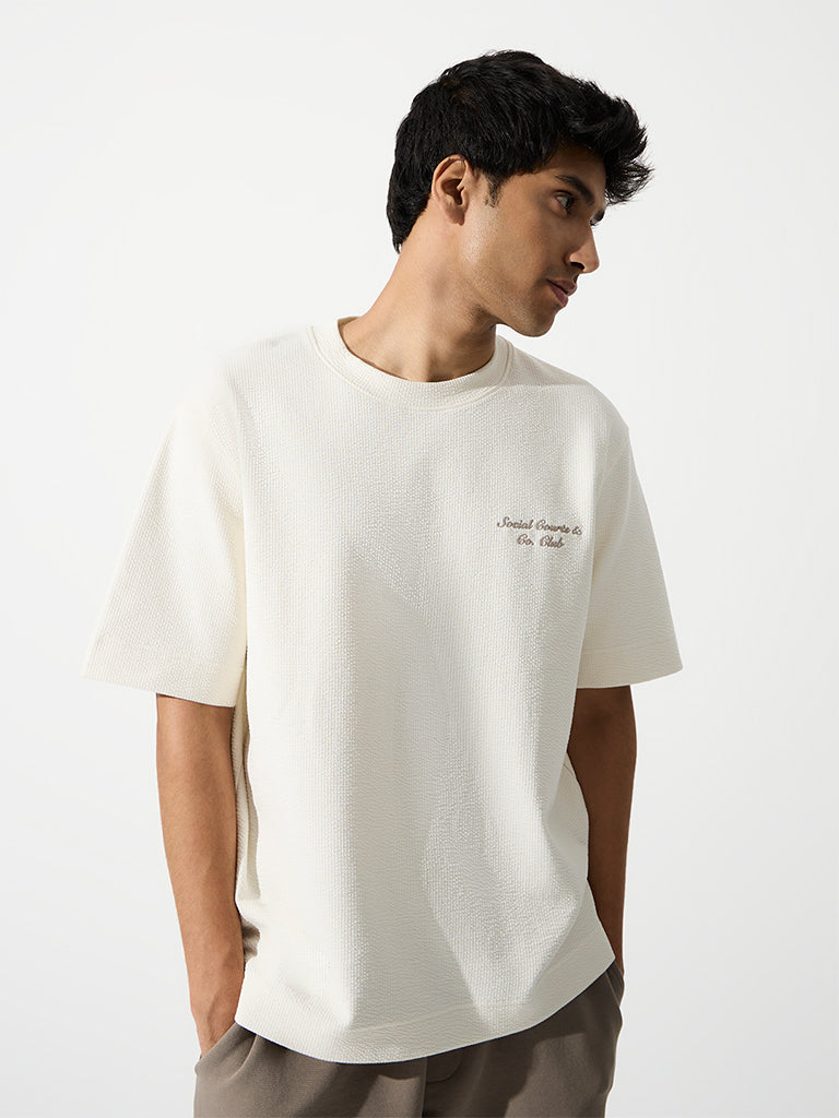 Nuoflexx Off-White Ribbed Relaxed-Fit Cotton-Blend T-Shirt