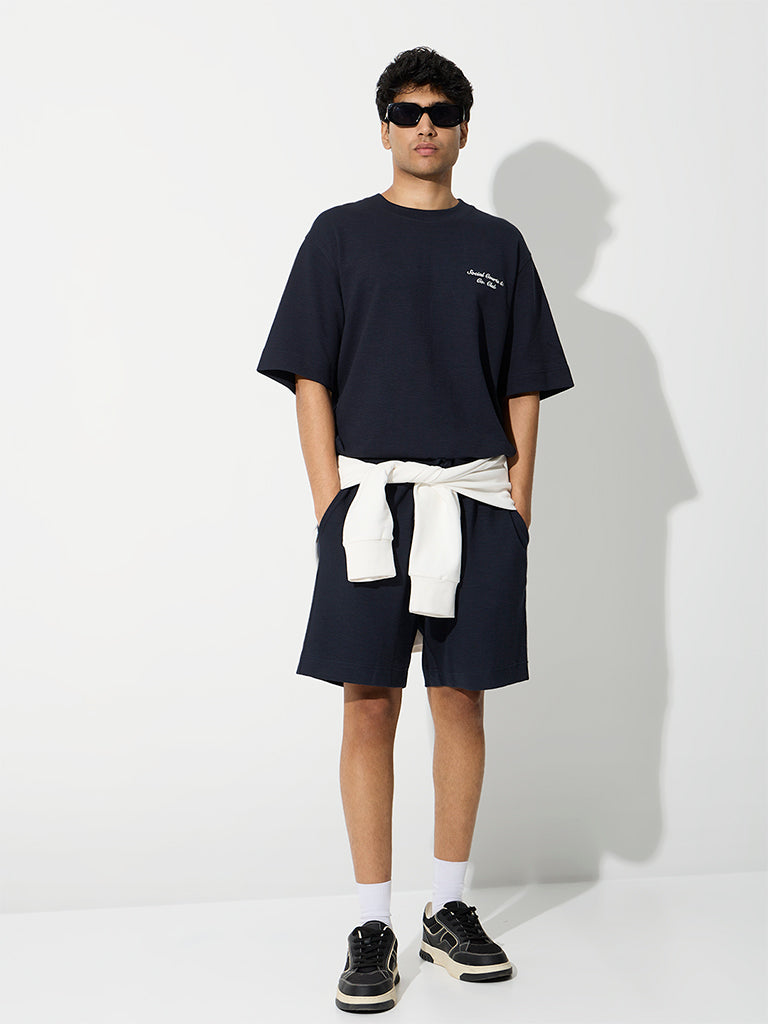 Nuoflexx Navy Ribbed Relaxed-Fit Cotton-Blend T-Shirt