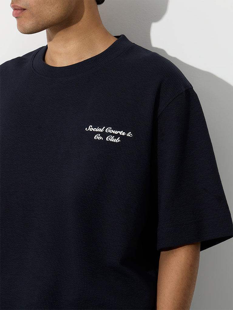 Nuoflexx Navy Ribbed Relaxed-Fit Cotton-Blend T-Shirt