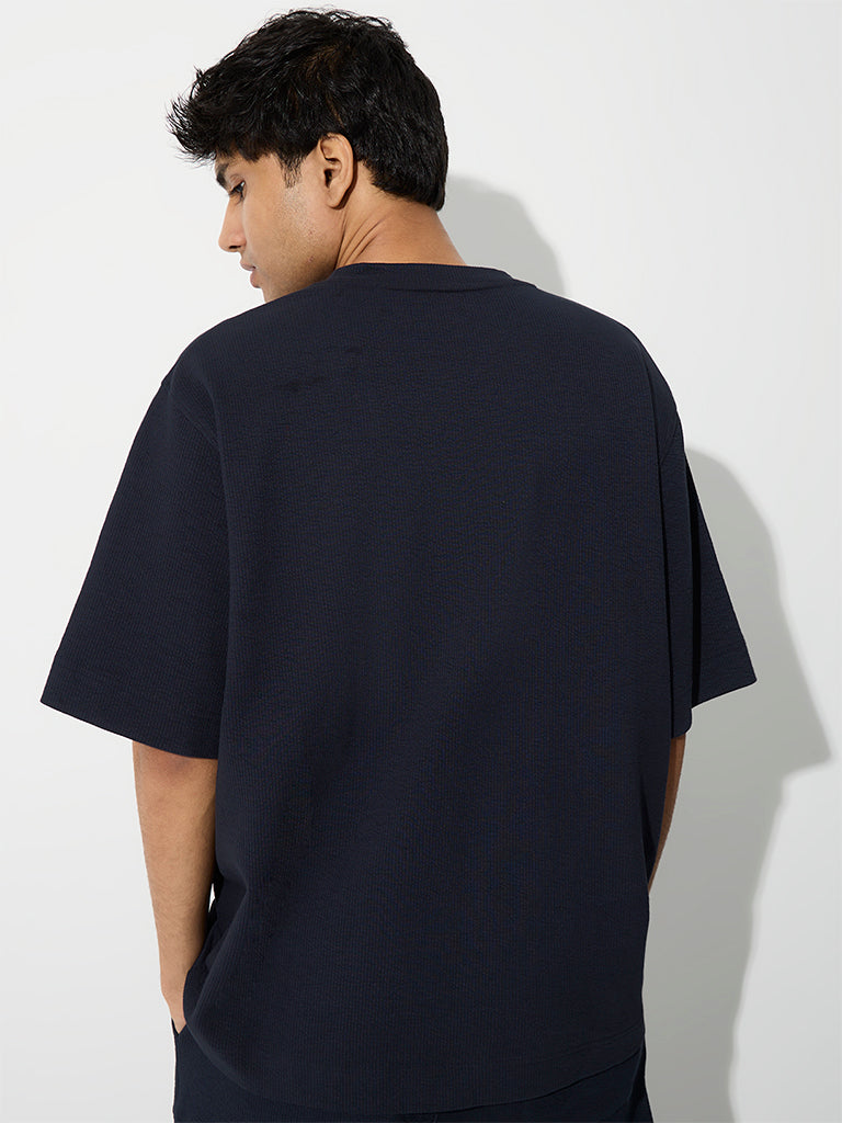 Nuoflexx Navy Ribbed Relaxed-Fit Cotton-Blend T-Shirt