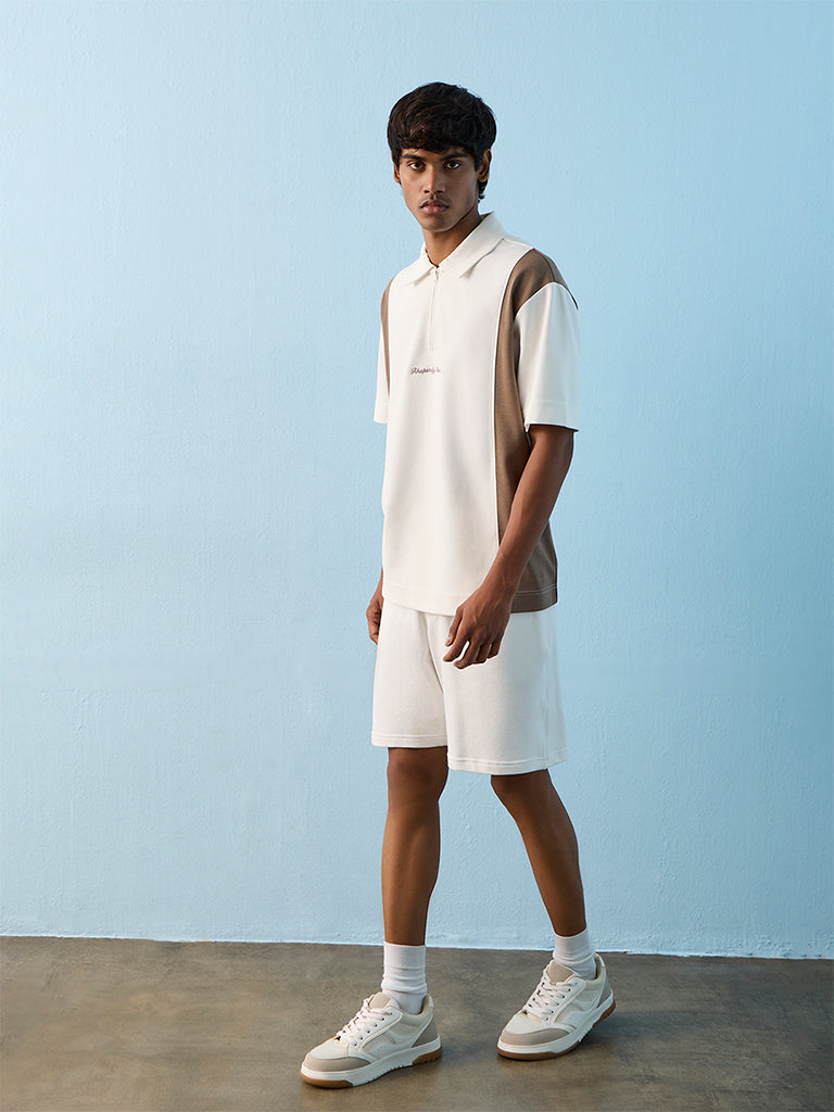 Nuoflexx Off-White Colour-Blocked Relaxed-Fit Cotton-Blend Polo T-Shirt