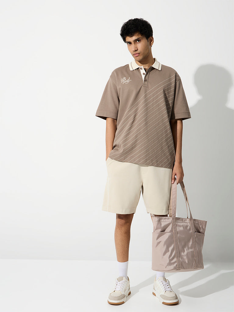 Nuoflexx Taupe Striped Relaxed-Fit Cotton-Blend Polo T-Shirt