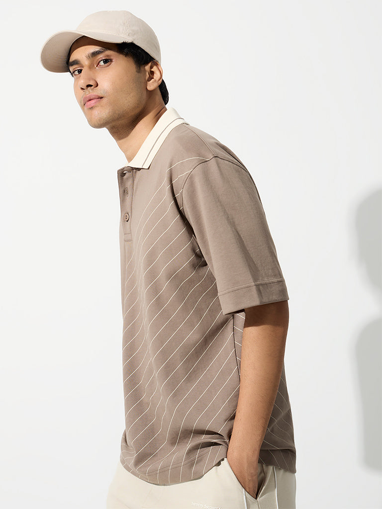 Nuoflexx Taupe Striped Relaxed-Fit Cotton-Blend Polo T-Shirt