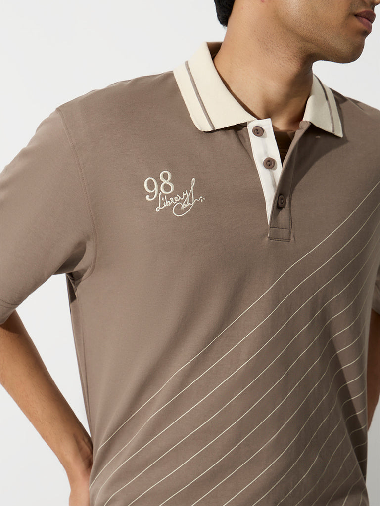 Nuoflexx Taupe Striped Relaxed-Fit Cotton-Blend Polo T-Shirt