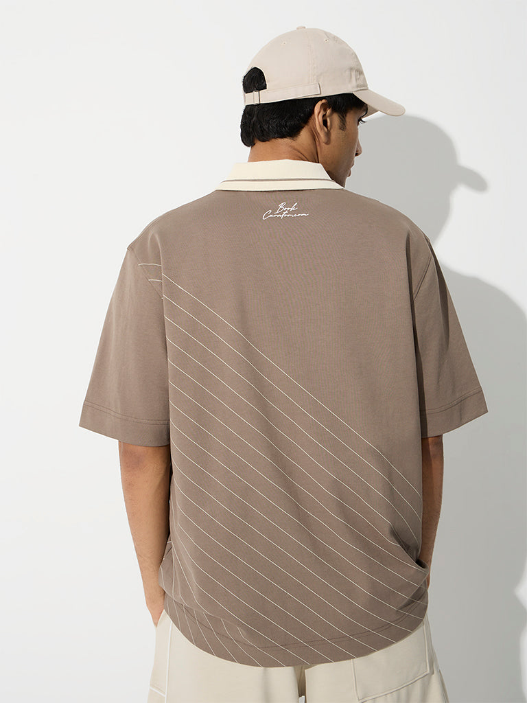 Nuoflexx Taupe Striped Relaxed-Fit Cotton-Blend Polo T-Shirt