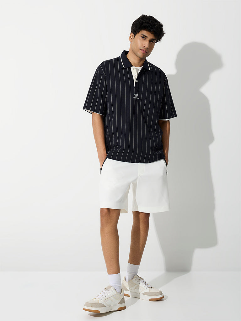 Nuoflexx Navy Striped Relaxed-Fit Polo T-Shirt