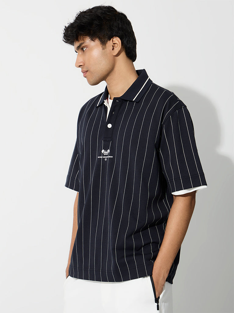 Nuoflexx Navy Striped Relaxed-Fit Polo T-Shirt