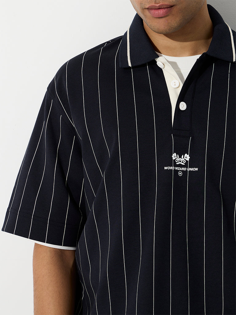Nuoflexx Navy Striped Relaxed-Fit Polo T-Shirt
