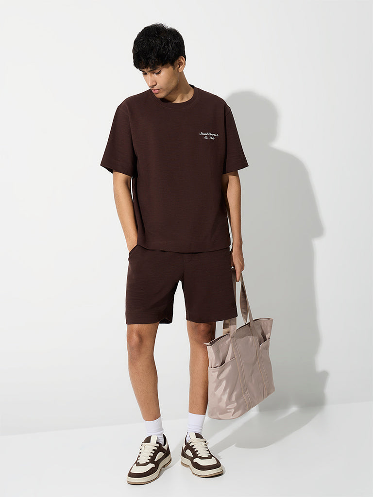 Nuoflexx Dark Brown Ribbed Relaxed-Fit Mid-Rise Cotton-Blend Shorts