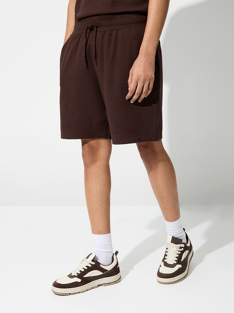 Nuoflexx Dark Brown Ribbed Relaxed-Fit Mid-Rise Cotton-Blend Shorts