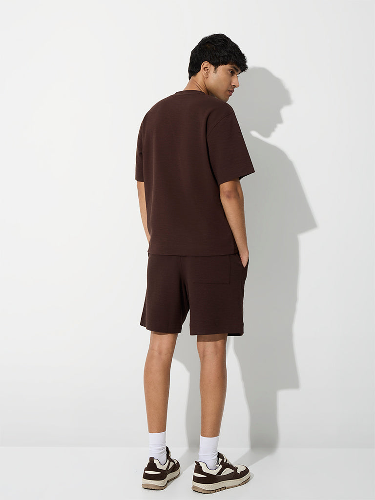 Nuoflexx Dark Brown Ribbed Relaxed-Fit Mid-Rise Cotton-Blend Shorts