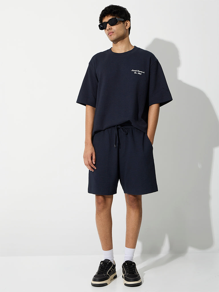 Nuoflexx Navy Relaxed-Fit Mid-Rise Cotton-Blend Shorts