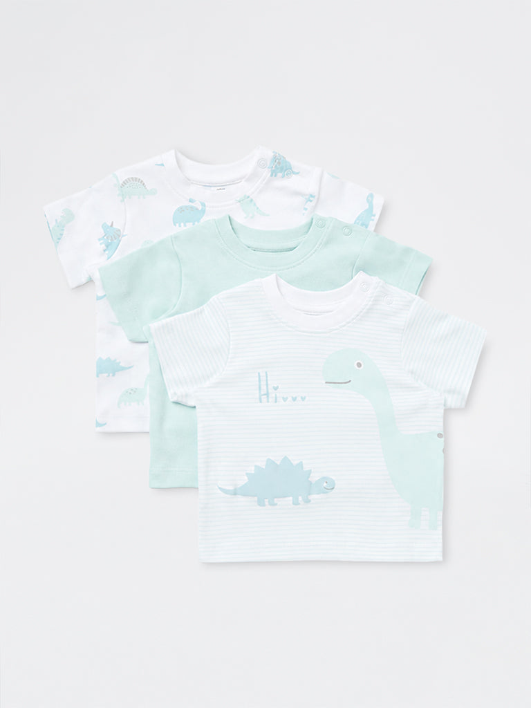 HOP Baby Boys Multicolour Dinosaur Printed Cotton T-Shirts - Pack of 3