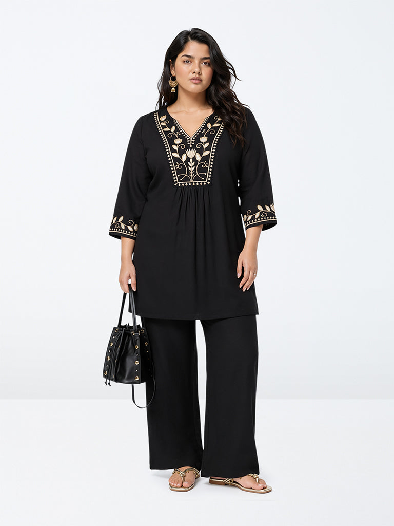Diza Black Floral Embroidered A-Line Kurta