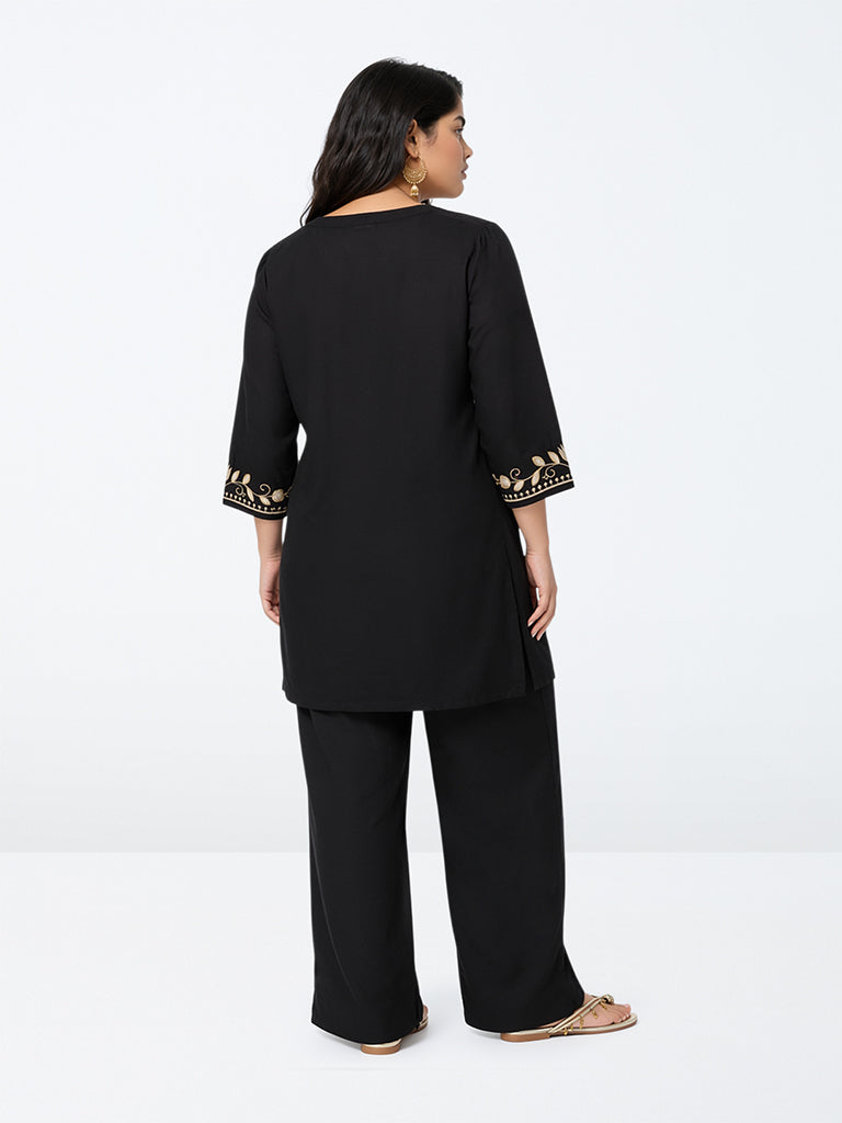 Diza Black Floral Embroidered A-Line Kurta