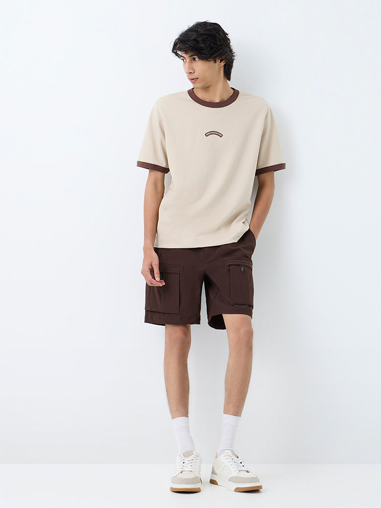 Nuoflexx Beige Text-Printed Cotton-Blend T-Shirt