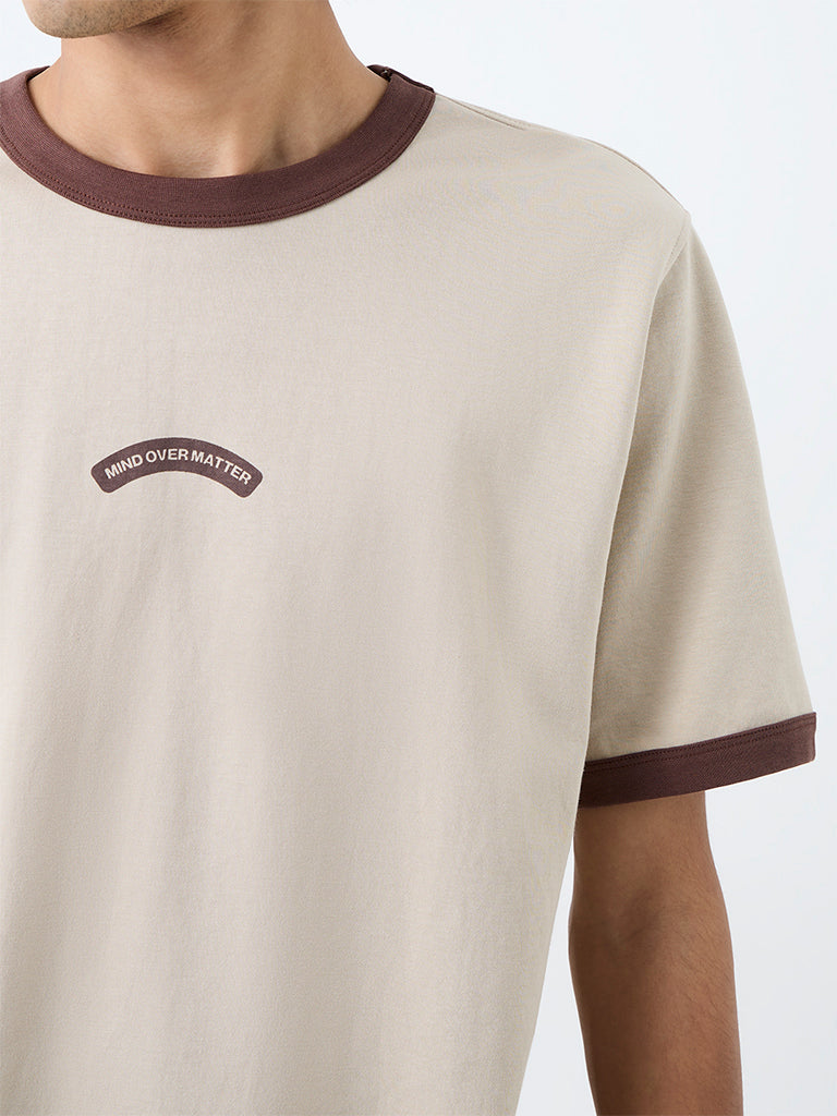 Nuoflexx Beige Text-Printed Cotton-Blend T-Shirt
