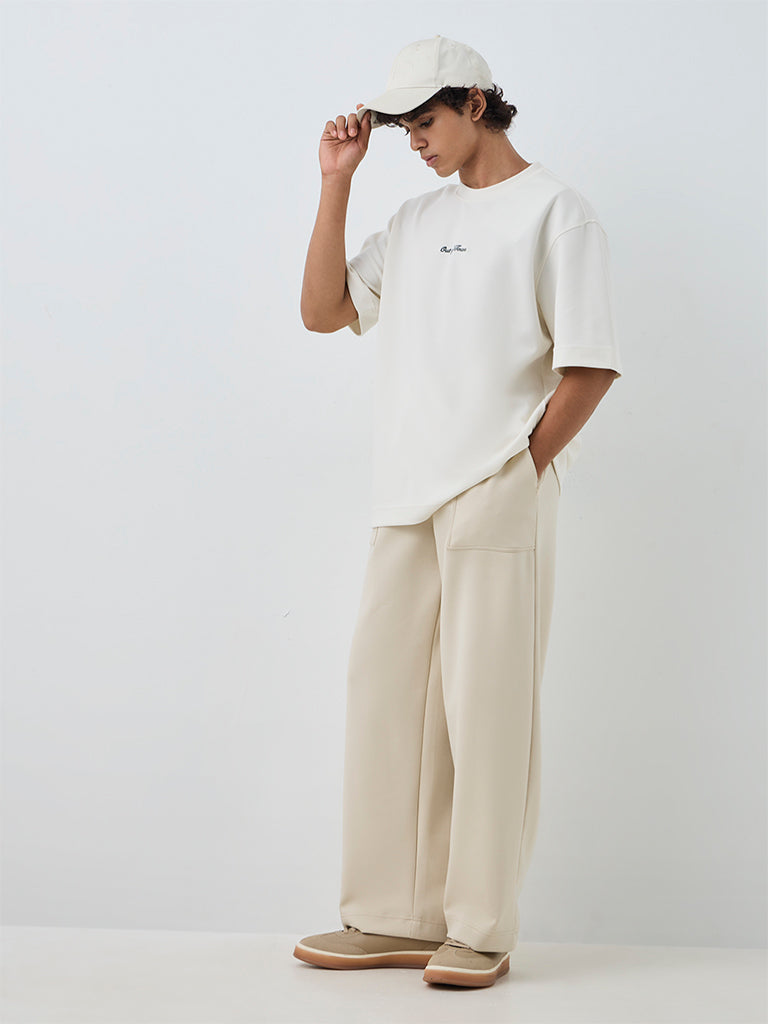 Nuoflexx Beige Solid Barrel-Fit Mid-Rise Track Pants