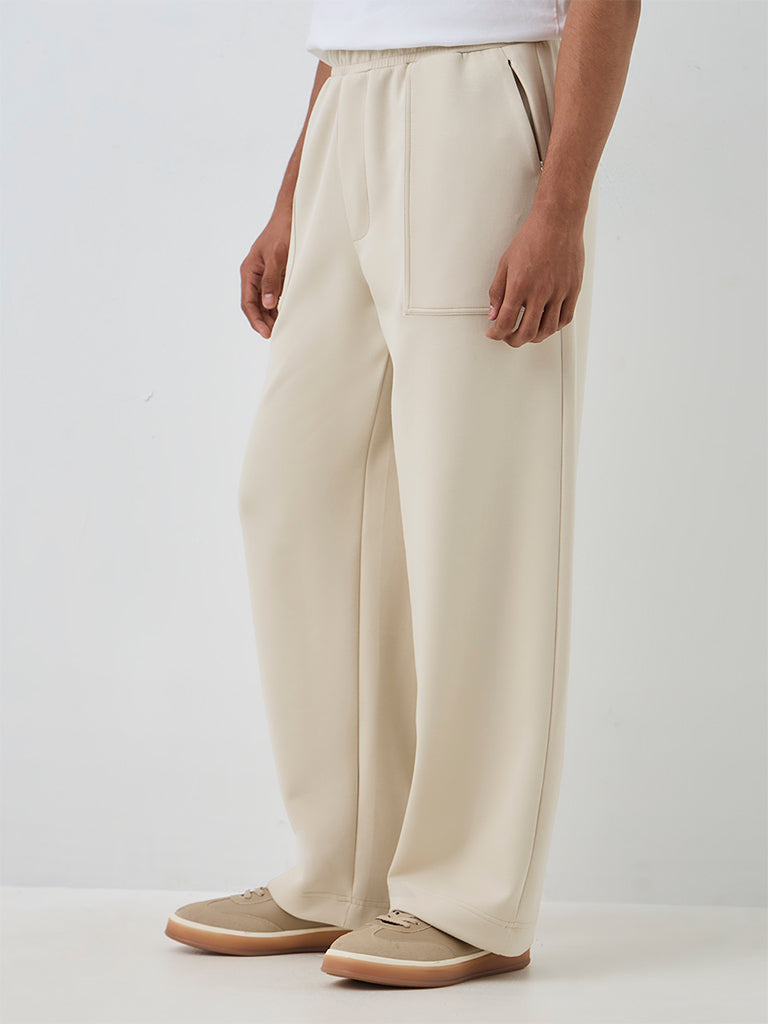 Nuoflexx Beige Solid Barrel-Fit Mid-Rise Track Pants