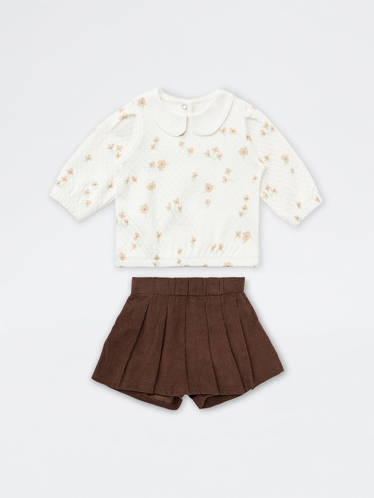 HOP Baby Girls White Floral Cotton Top and Skort Set