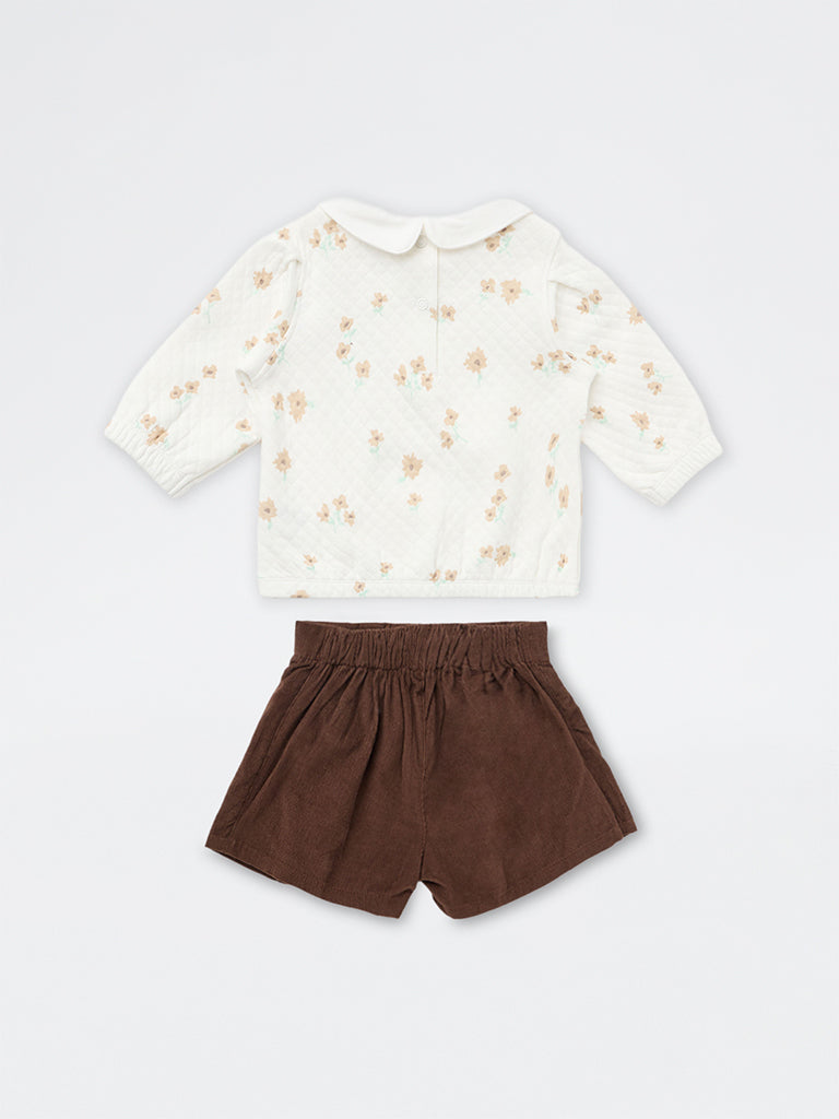 HOP Baby Girls White Floral Cotton Top and Skort Set