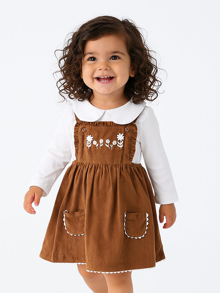 HOP Baby Girls Brown Floral Cotton Pinafore and T-Shirt Set
