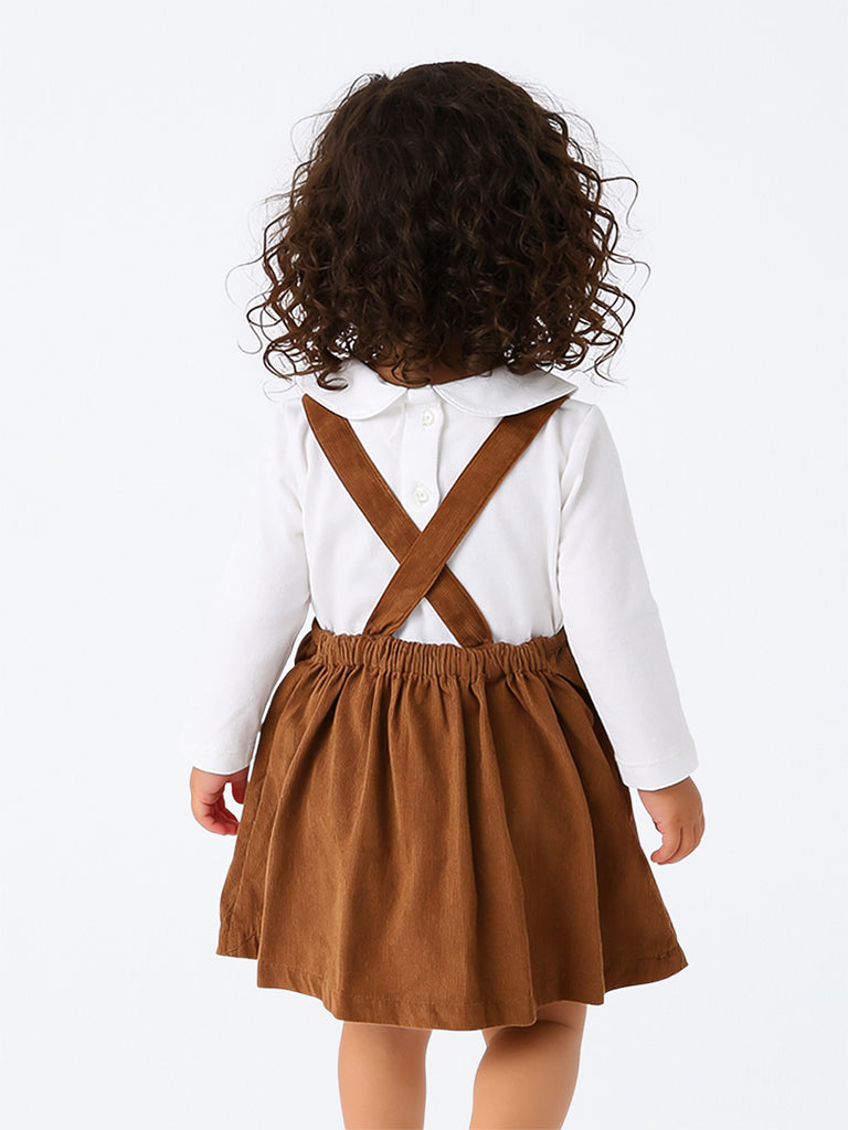 HOP Baby Girls Brown Floral Cotton Pinafore and T-Shirt Set