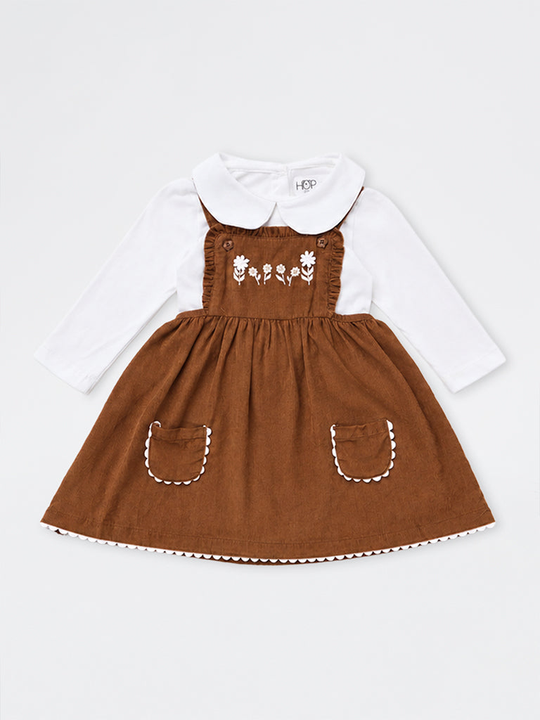 HOP Baby Girls Brown Floral Cotton Pinafore and T-Shirt Set