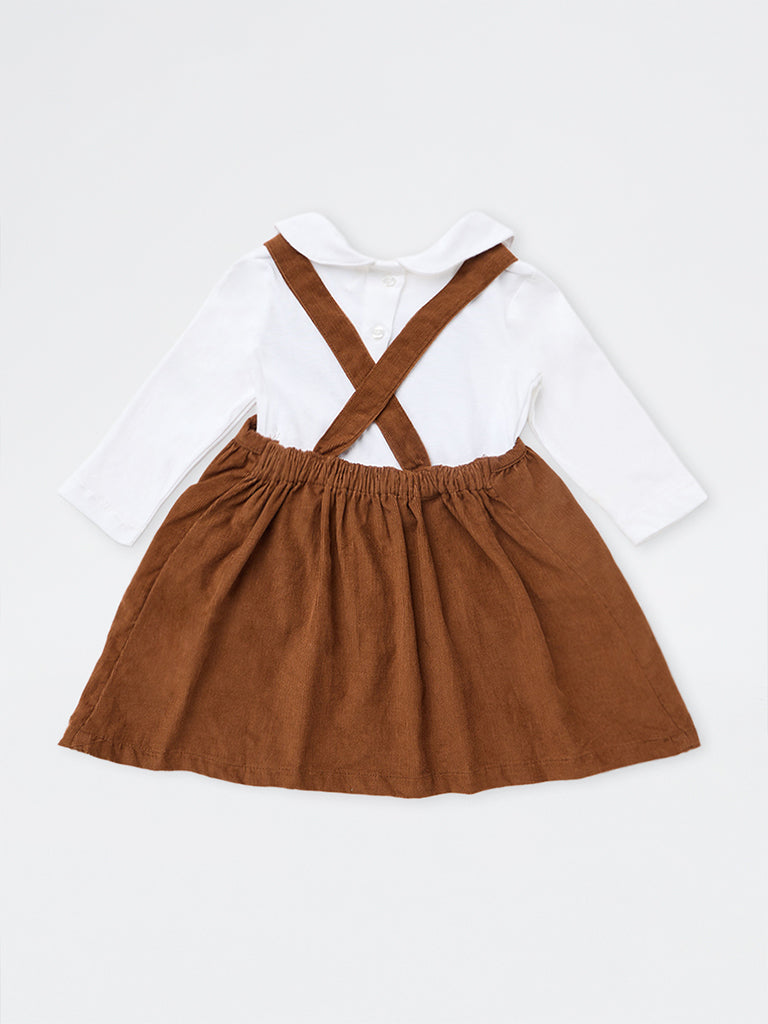 HOP Baby Girls Brown Floral Cotton Pinafore and T-Shirt Set