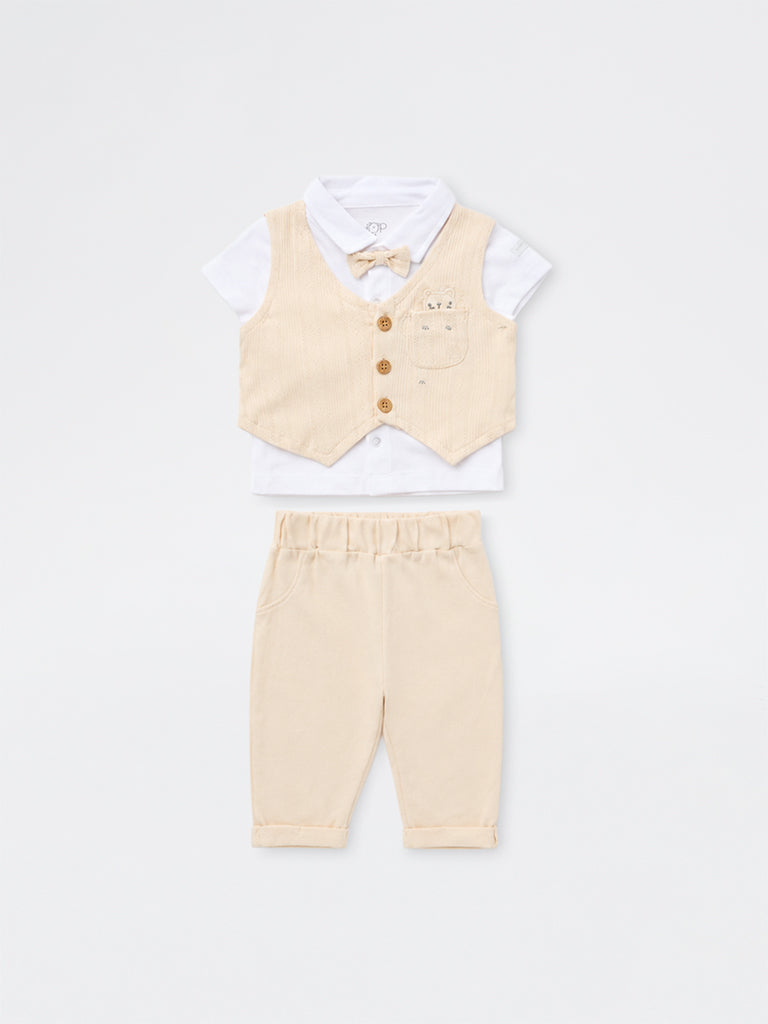 HOP Baby Boys Light Beige Cotton Shirt, Pants, Waistcoat and Bow Set
