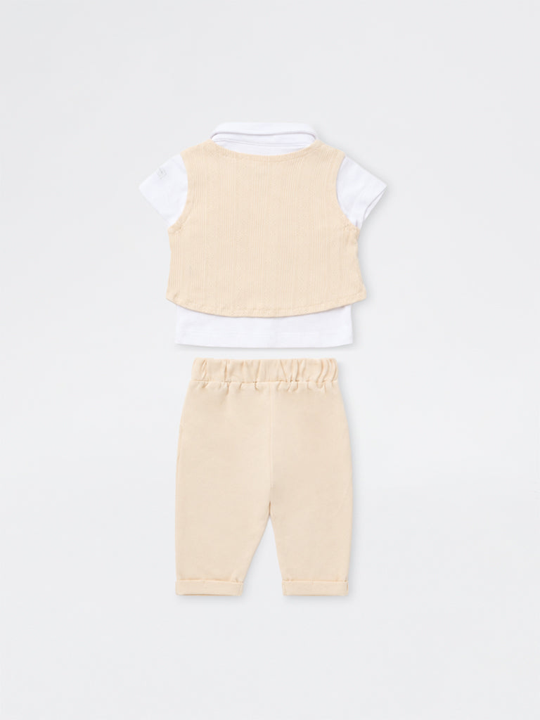 HOP Baby Boys Light Beige Cotton Shirt, Pants, Waistcoat and Bow Set