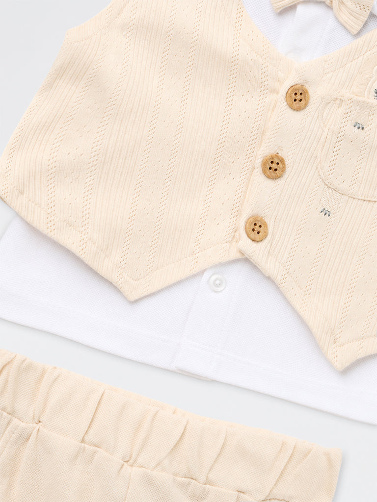 HOP Baby Boys Light Beige Cotton Shirt, Pants, Waistcoat and Bow Set