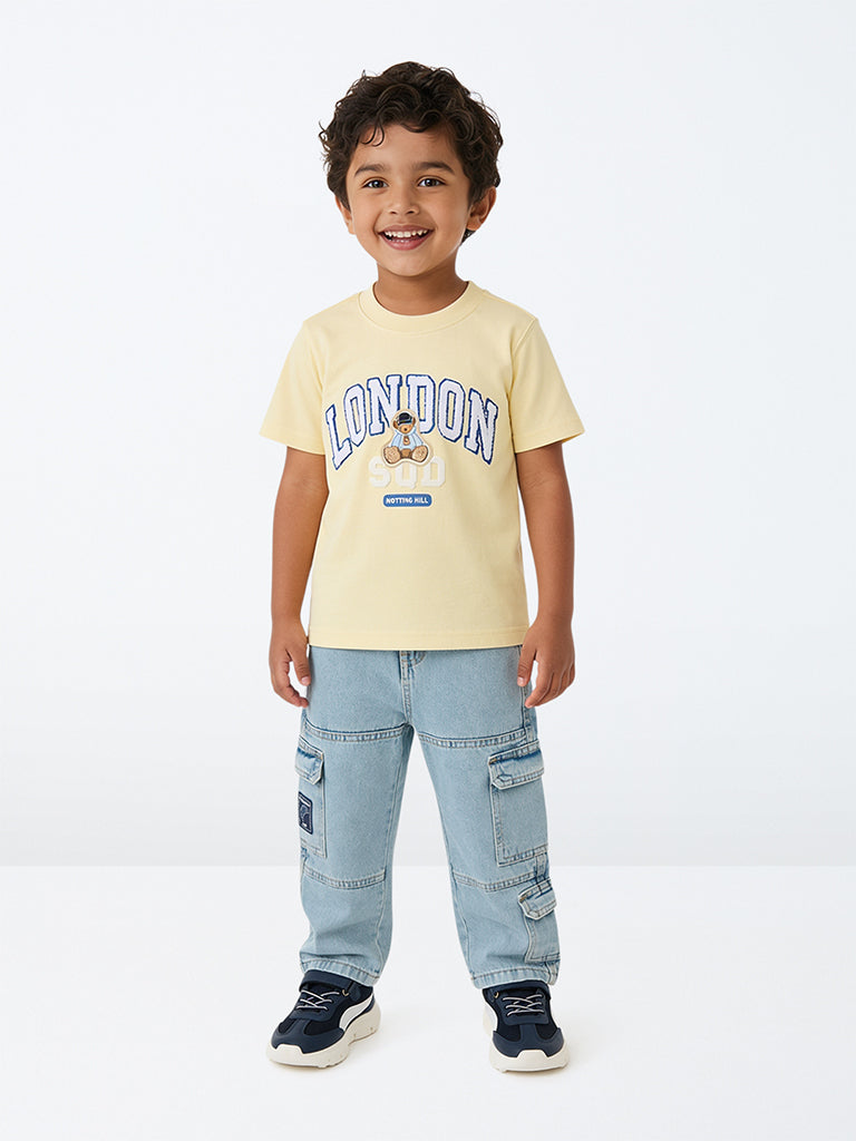 HOP Kids Boys Blue Washed Patch-Detail Cargo Jeans