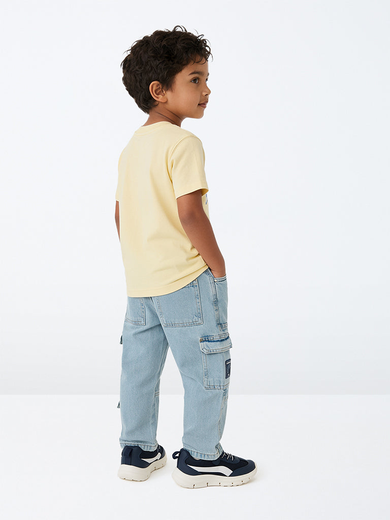 HOP Kids Boys Blue Washed Patch-Detail Cargo Jeans