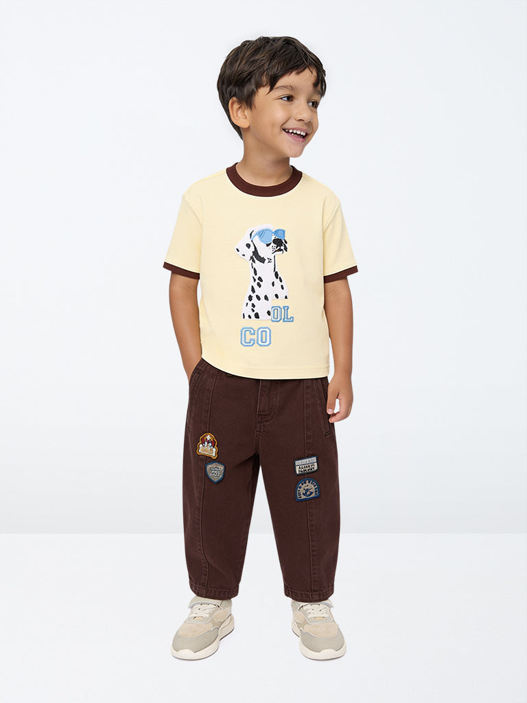 HOP Kids Boys Dark Brown Patch-Detail Barrel-Fit Mid-Rise Jeans