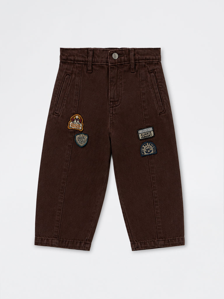 HOP Kids Boys Dark Brown Patch-Detail Barrel-Fit Mid-Rise Jeans