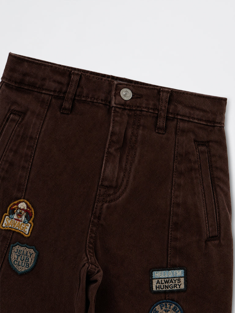 HOP Kids Boys Dark Brown Patch-Detail Barrel-Fit Mid-Rise Jeans