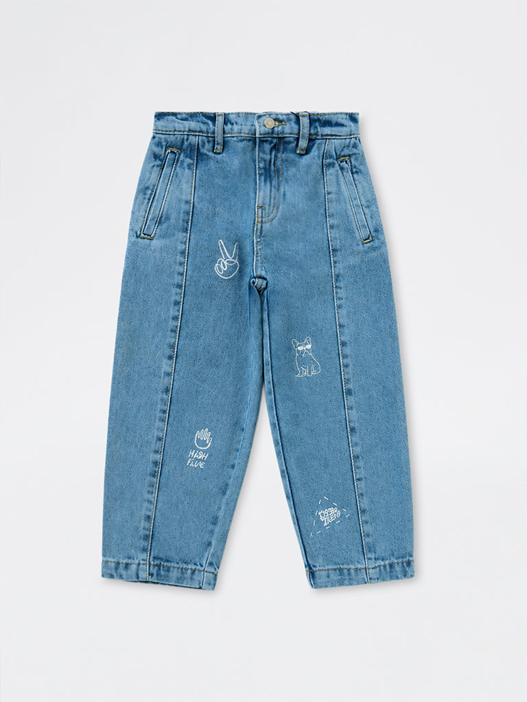 HOP Kids Boys Blue Printed Mid-Rise Relaxed-Fit Jeans