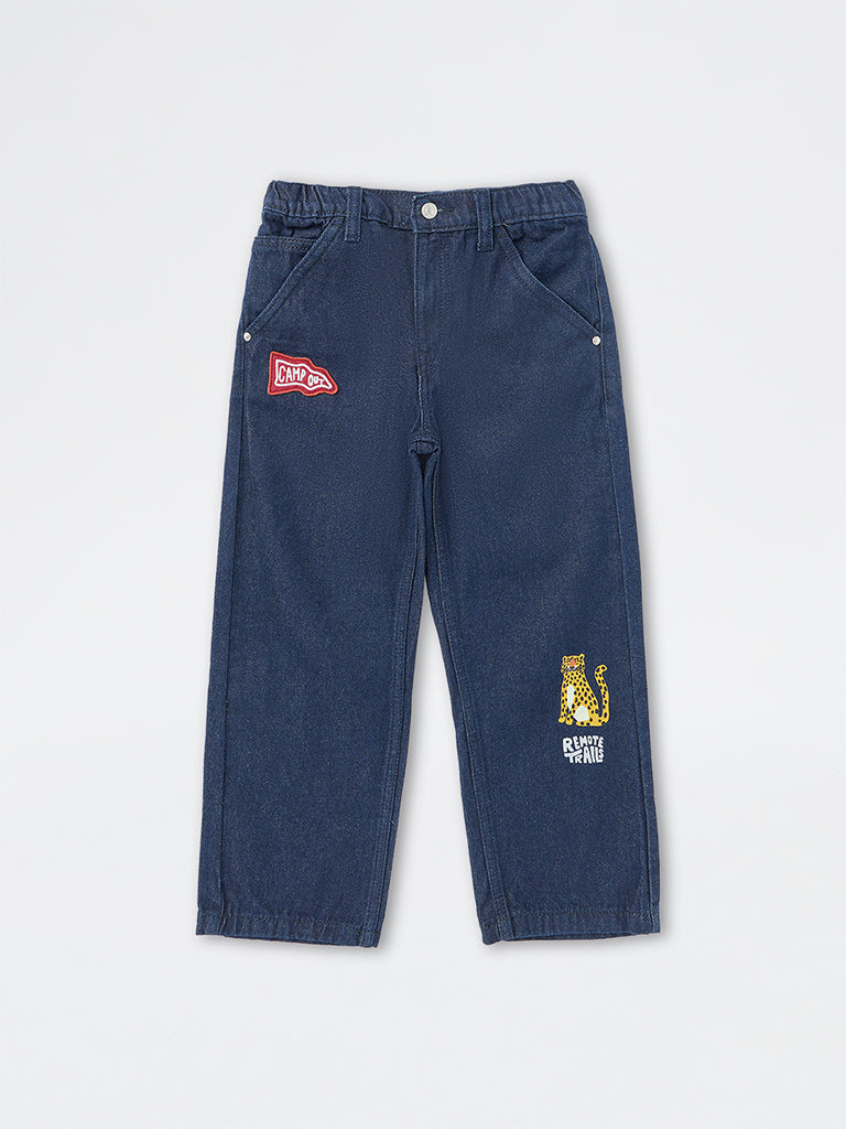 HOP Kids Boys Dark Blue Patch-Detail Relaxed-Fit Mid-Rise Jeans