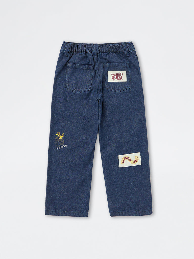 HOP Kids Boys Dark Blue Patch-Detail Relaxed-Fit Mid-Rise Jeans