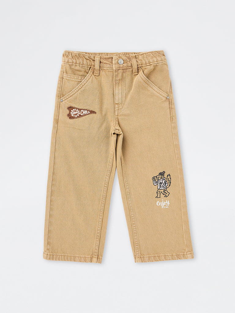 HOP Kids Boys Beige Patch-Detail Relaxed-Fit Mid-Rise Jeans