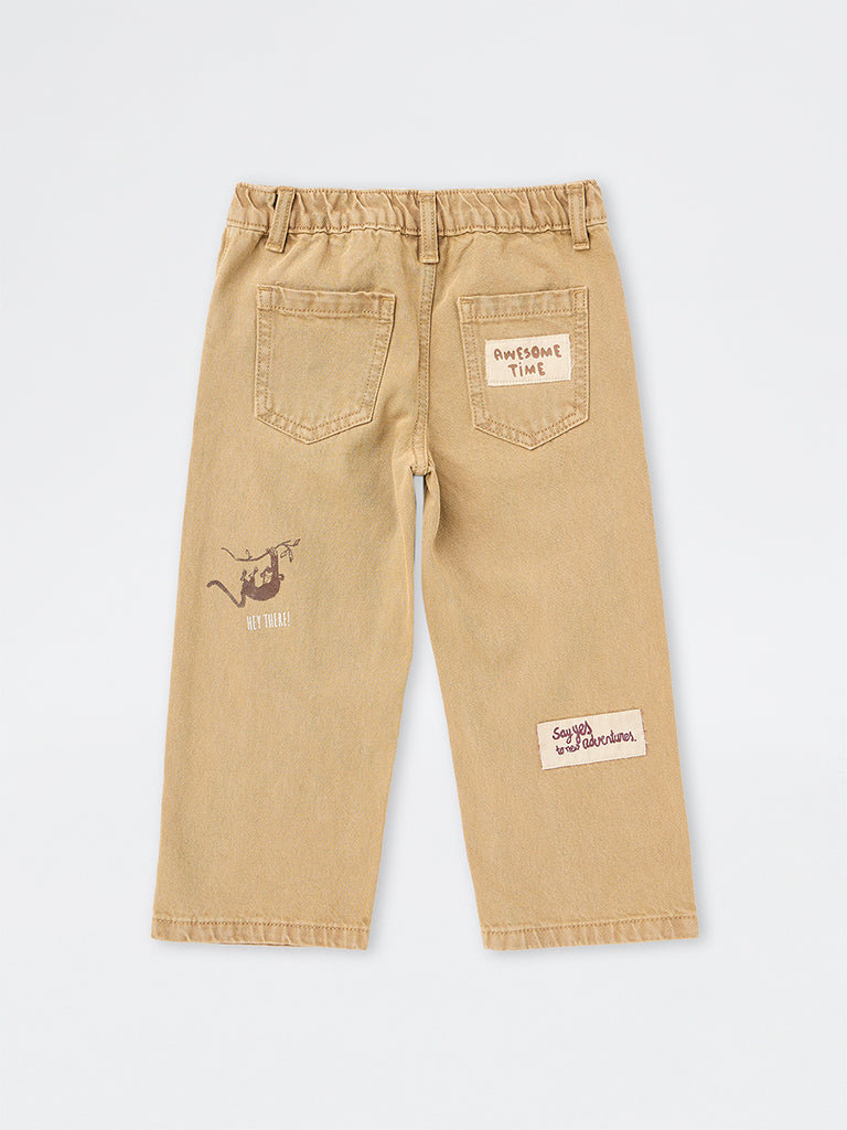 HOP Kids Boys Beige Patch-Detail Relaxed-Fit Mid-Rise Jeans