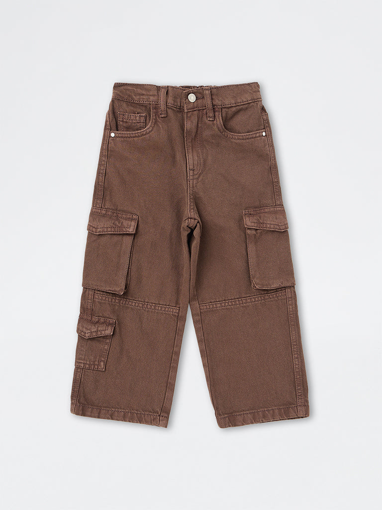 HOP Kids Boys Dark Brown Relaxed-Fit Mid-Rise Cargo Jeans