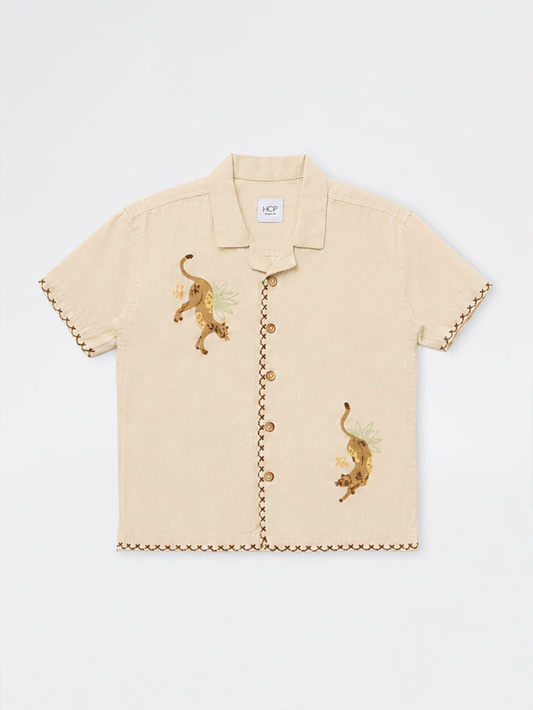 HOP Kids Boys Beige Animal Embroidered Cotton Shirt