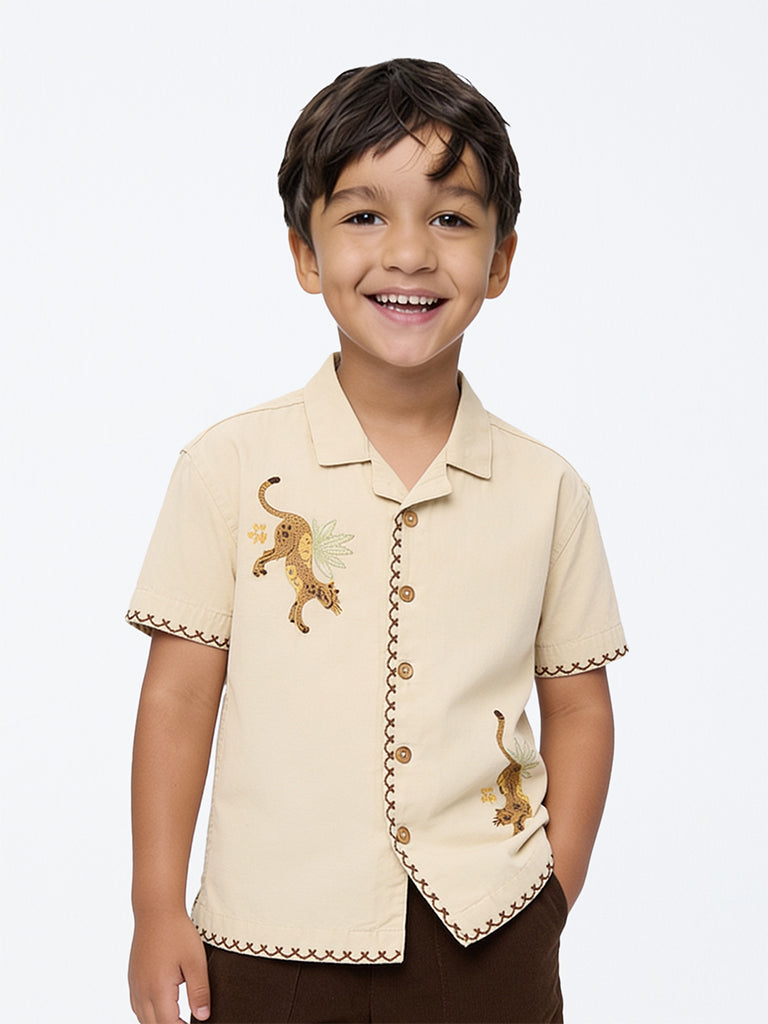 HOP Kids Boys Beige Animal Embroidered Cotton Shirt