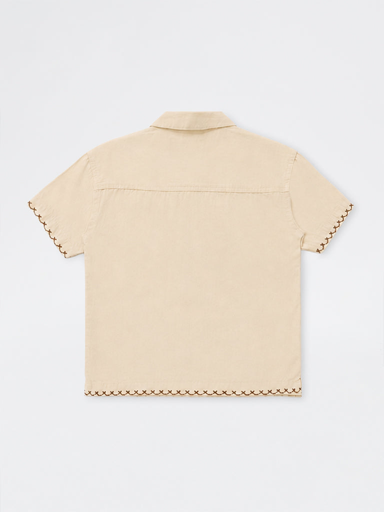 HOP Kids Boys Beige Animal Embroidered Cotton Shirt