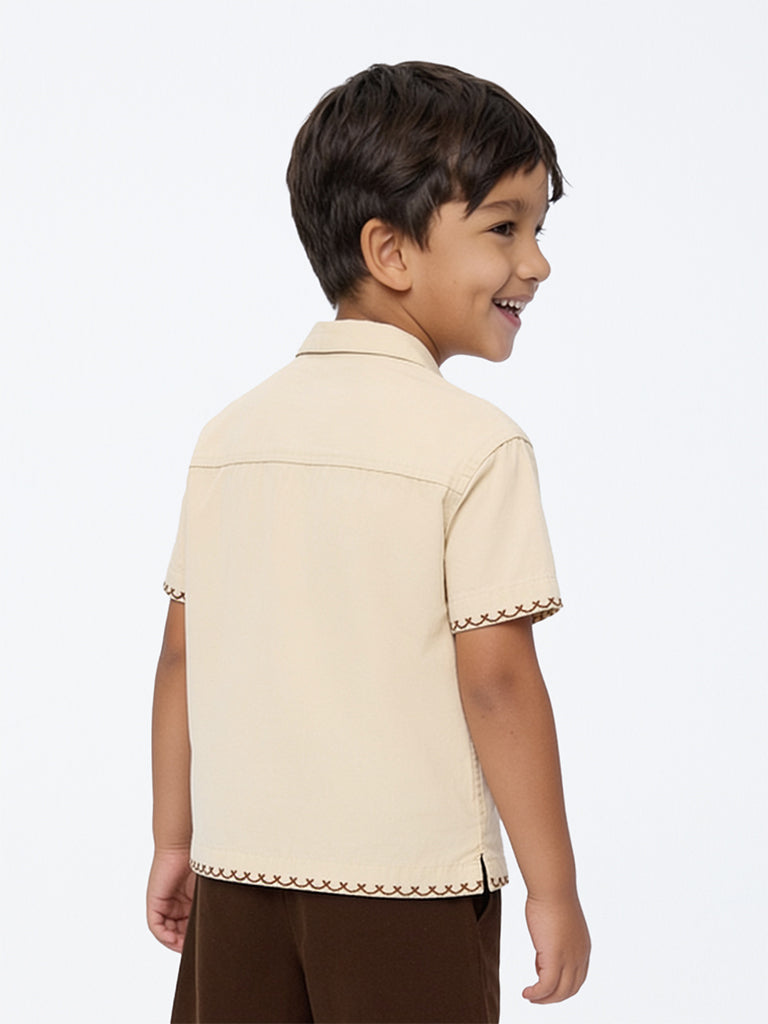 HOP Kids Boys Beige Animal Embroidered Cotton Shirt