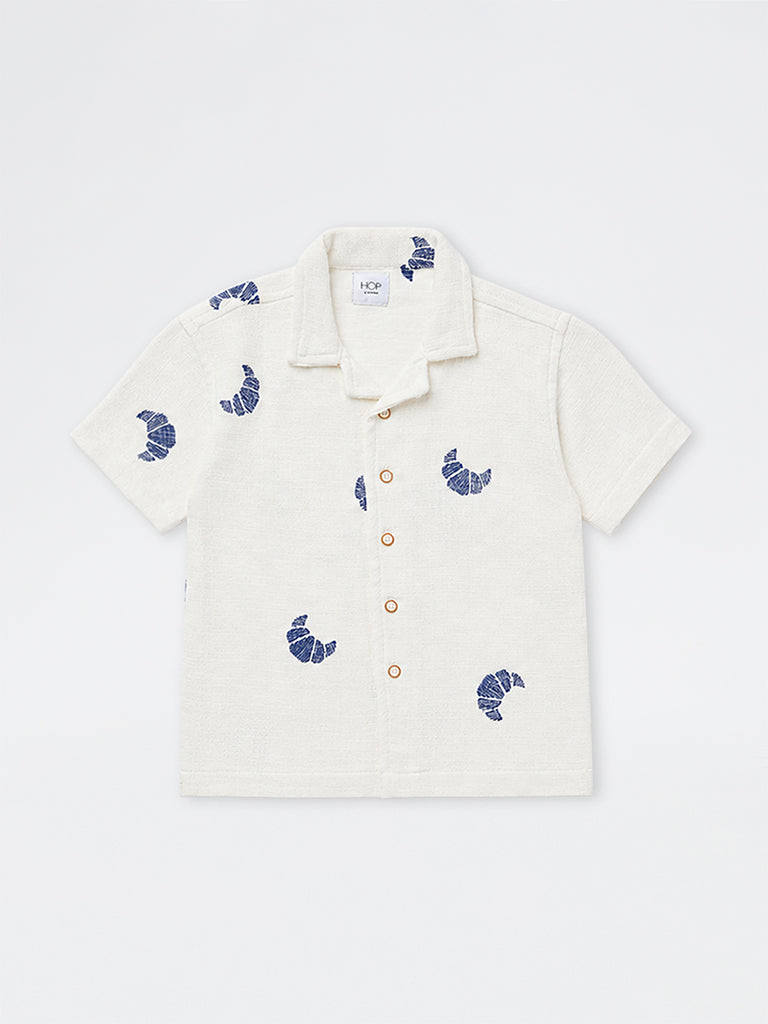 HOP Kids Boys White Croissant Embroidered Resort-Fit Cotton-Blend Shirt